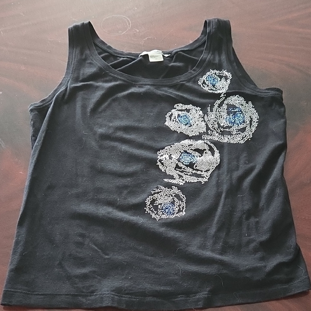 Women's Black Tank Top with Blue Sequin Floral Accent
